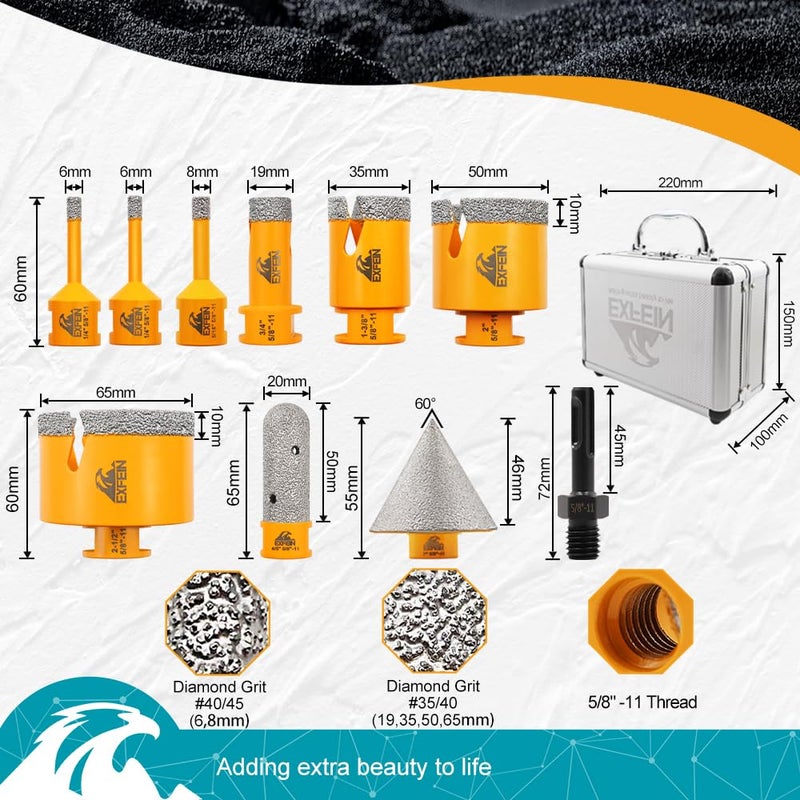 EXFEIN Daimond Tile Hole Saw Kit 10pcs - Diamond Core Drill Bits Set 6/6/8/19/35/50/65mm for Tile Porcelain Marble with 20mm Diamond Finger Bit and 50mm Chamfer Bit Trimming Holes & SDS Adapter - Image 2